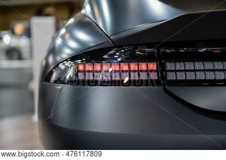 Riga, Latvia, April 28, 2023: Rear Led Lights And Car Design Closeup Of Nev Hyundai Ioniq 6 Electric