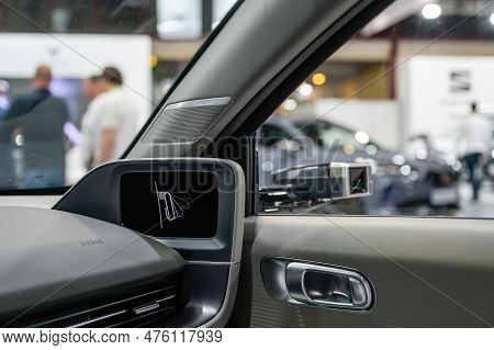 Riga, Latvia, April 28, 2023: Side Camera Replacing The Side Mirror Of A Hyundai Ioniq 6 Electric Ca