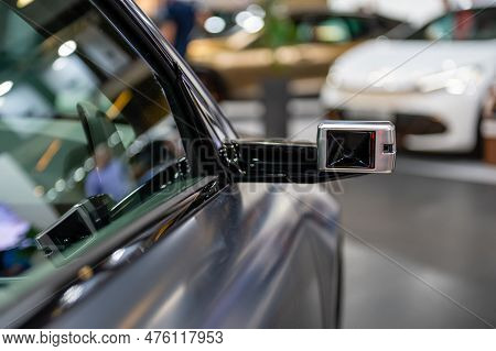 Riga, Latvia, April 28, 2023: Side Camera Replacing The Side Mirror Of A Hyundai Ioniq 6 Electric Ca