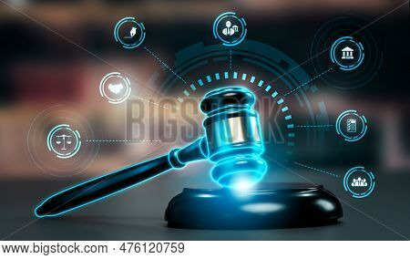 Smart Law, Legal Advice Icons And Lawyer Working Tools In The Lawyers Office Showing Concept Of Digi