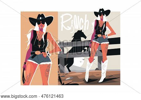 Girl In Cowboy Hat Standing Near Fence, Vector Illustration. Woman On Rancho With Horse Rears Up Beh