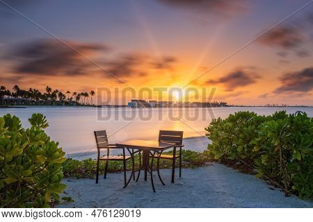 Outdoor Restaurant With Views Of Ocean And Beautiful Sky At Sunrise. Crossroads Maldives, Saii Lagoo