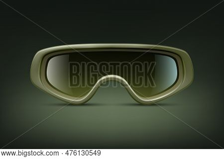 Vector 3d Realistic Military, Industrial Safety Glasses Icon Closeup Isolated On Green Background. T