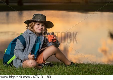 Traveler Tourist Kid. Scout Boy Wearing Explorer Hat And Backpack Outdoor. Explorer And Adventure Wi
