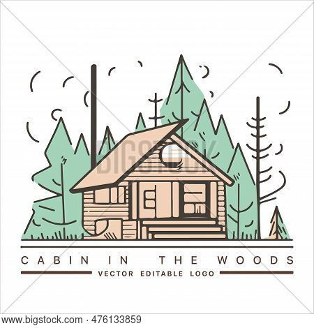 Wood Cabin Logo Template. Cabin In The Woods Vector Illustration. Cabin Rentals Logo. Chalet In The