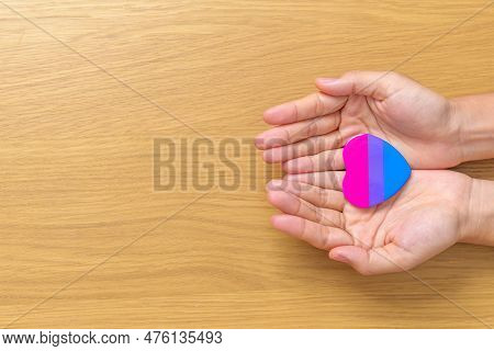 Bisexuality Celebrate Day And Lgbt Pride Month,  Lgbtq+ Or Lgbtqia+ Concept. Hand Holding Purple, Pi