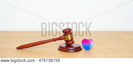 Bisexuality, Lgbtq Law And Pride Month Concepts. Gavel Justice Hammer With Purple, Pink And Blue Hea