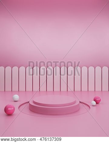 Pink Empty Podium Pedestal Or Platform With Pink Pastel Color Background With Shadow Minimal Concept
