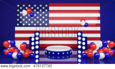4th Of July Podium Independence Day Background With Lights And Balloons, 3d Rendering