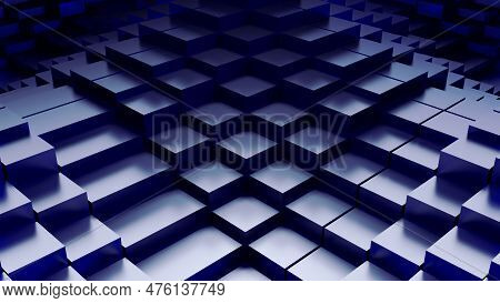 Dark Blue Abstract Square Elements Stacked With Shadows And Light. Reflective Voluminous Texture. 3d
