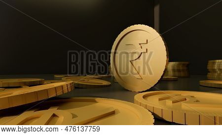 Indian Rupee Sign Gold Coin Background Inr Currency Coins Black Background Digital Growth Economy Bu