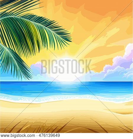 Palms On Empty Idyllic Tropical Sand Beach On A Sunny Day, Vector Illustration Summer Concept