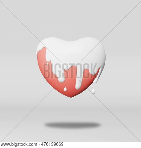 Heart With White Paint Splash Melting Glossy Glaze 3D Rendering. Valentines Day Wedding Invitation D