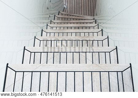 Teak Steps On A Luxury Yacht. Teak Deck Of The Yacht. Entrance To The Second Floor Of The Yacht.