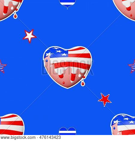 United States Independence Day Heart Paint Splash Melting Glaze Seamless Pattern. 4Th Of July I Love