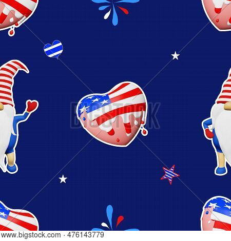 United States Independence Day Gnome Striped Hat Seamless Pattern. 4Th Of July National Usa Flag Hol