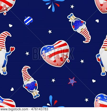 United States Independence Day Gnome Striped Hat Seamless Pattern. 4Th Of July National Usa Flag Hol