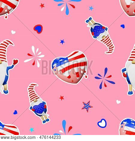United States Independence Day Gnome Striped Hat Seamless Pattern. 4Th Of July National Usa Flag Hol