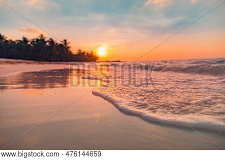Closeup Island Coast Palm Trees Sea Sand Beach. Blurred Beautiful Tropical Beach Landscape. Inspire 