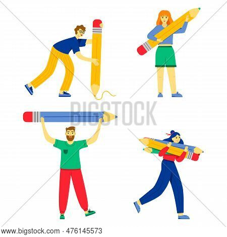 Various Students Standing With Big Pencils. Young Teenagers Holding Giant Pencils. Concept Of Educat