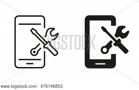 Smartphone Software Service Line Icon Set. Configuration And Technical Support Of Cellphone Pictogra