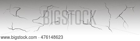 Realistic Set Of Cracks On Dry Surface Isolated On Transparent Background. Vector Illustration Of We
