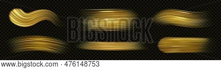 Realistic Set Of Golden Paint Brush Strokes Isolated On Transparent Background. Vector Illustration 