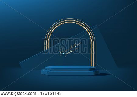 Blue Podium With Golden Arch. Cosmetics Product Presentation Clean Platform Base, Luxury Fashion Sho