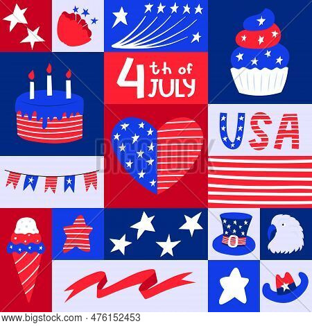 Square Greeting Card With Patriotic Symblos Of Usa Independence Day. Social Media Poster For 4th Of 