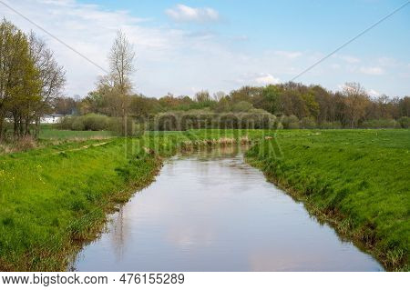 The Grote Nete River Through Green Lawns Around Westerlo, Antwerp Province, Belgium