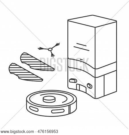 Robot Vacuum Cleaner Line Icon Vector Illustration. Nozzle Set With Suction Brushes