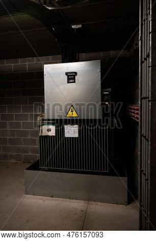 Meerhout, Antwerp Province, Belgium - April 25, 2023 - Electricity Control Panel In A Biogas Powerpl