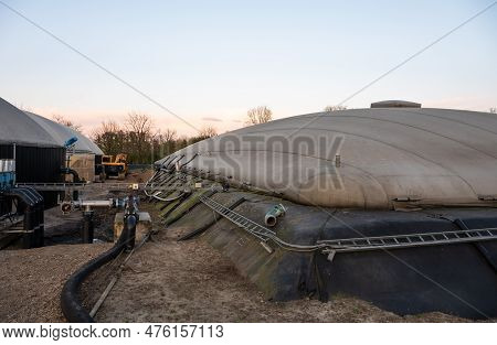 Meerhout, Antwerp Province, Belgium - April 25, 2023 - High Angle View Over A Gas Tank Of A Biogas P
