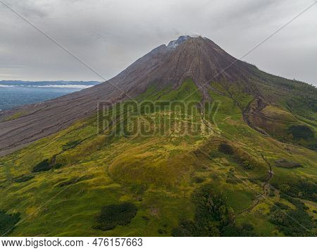 Aerial View Of Mount Sinabung Is An Active Volcano On The Island Of Sumatra, Indonesia.