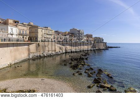 Syracuse, Sicily, Italy - April 29, 2023: Beautiful View Of Promenade Lungomare D'ortygia By Ionian 