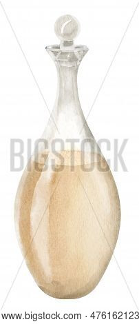 Glass Decanter. Hand Drawn Watercolor Illustration Of Transparent Carafe On Isolated Background For 