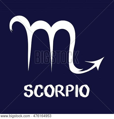 Hand Drawn Zodiak Signs. White Scorpio Zodiac Icons On A Blue Background. Astrological Symbols Of Th