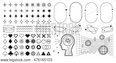 Collection Of Y2k Graphic Elements, Frames And Design Objects. Retro Vector Black And White Graphics