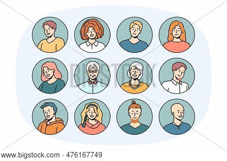 Set Of Headshot Avatars Of People Of Different Ages And Genders. Head Portraits Of Men And Women Fac