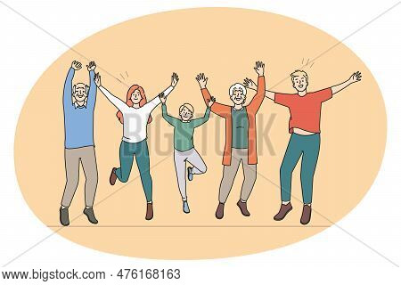 Overjoyed Three Generations Of Family Have Fun Jump And Laugh Together. Smiling Kids, Parents And Gr