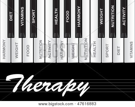 Concetto di alta risoluzione o concettuale terapia bianco testo wordcloud o tagcloud come tasti di pianoforte isolato
