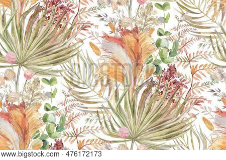 Seamless Pattern With Herbs And Palm Leaves And Pampas Grass For Textile