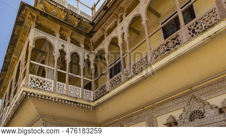 Details Of The Architecture Of The Ancient City Palace, Jaipur. The Upper Floor Of The Building Has 