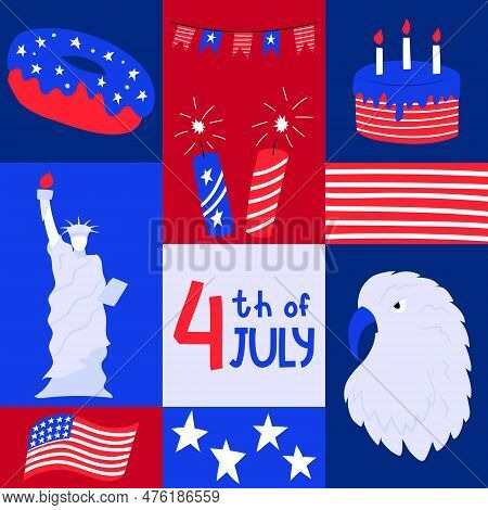 Square Graphic Poster With National Symblos Of Usa Independence Day. Geometric Greeting Card For 4th