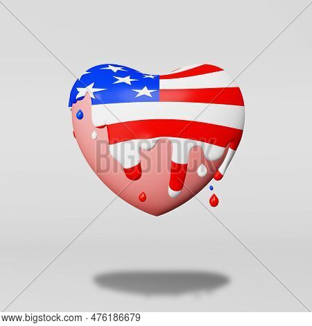 United States Independence Day Heart Paint Splash Melting Glaze 3D Rendering. 4Th Of July I Love Usa