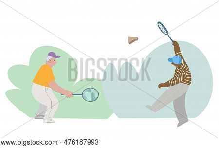 Seniors People Playing Tennis. Outdoor Activity For Retired People, Healthy Lifestyle. Cartoon Vecto