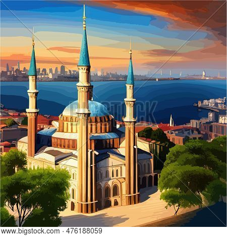 Vector Illustration Beautiful View Blue Mosque Or Sultanahmet In Istanbul In Turkey Against The Sky 