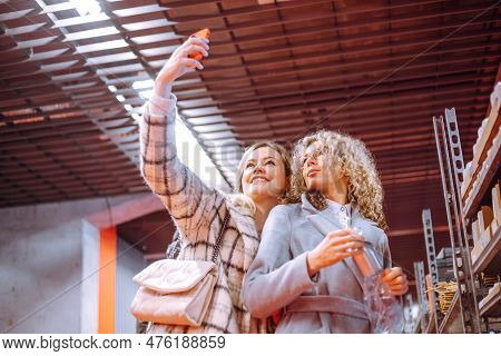 Self-portrait, Selfie. Happy Women Friends, Colleagues Have Great Time And Take Selfies In Garden Ce