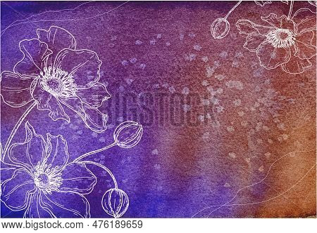 Linart In The Form Of An Anemone On A Watercolor Purple Background. Hand-drawn, Watercolor, Liner, I