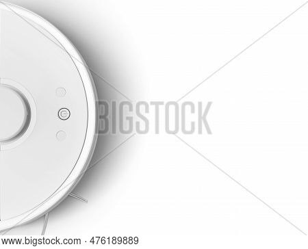 Modern Autonomous Smart Robot Vacuum Cleaner On White Background Top View With Space For Text. Self-